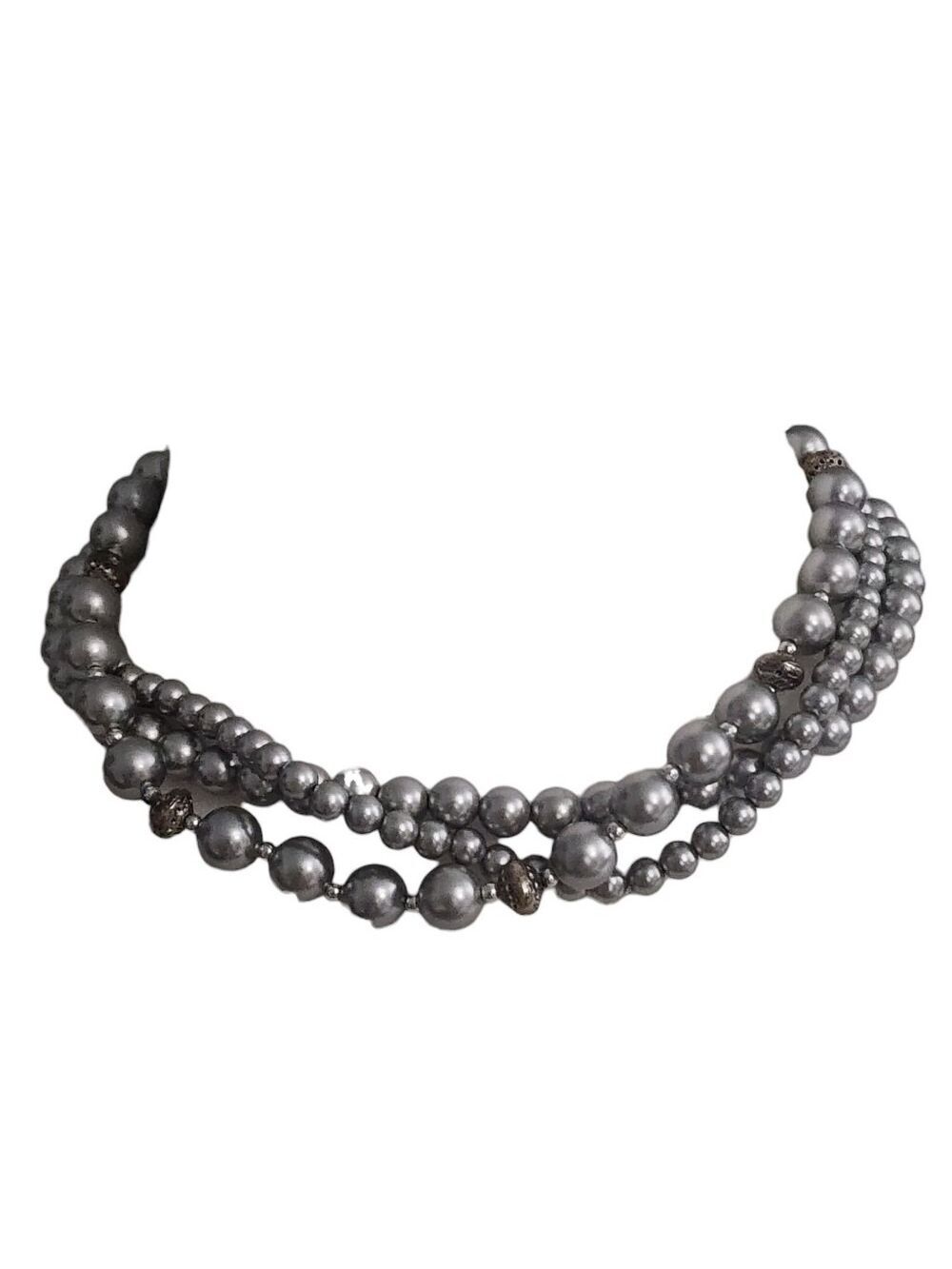 Gray Beaded Necklace Triple Strand